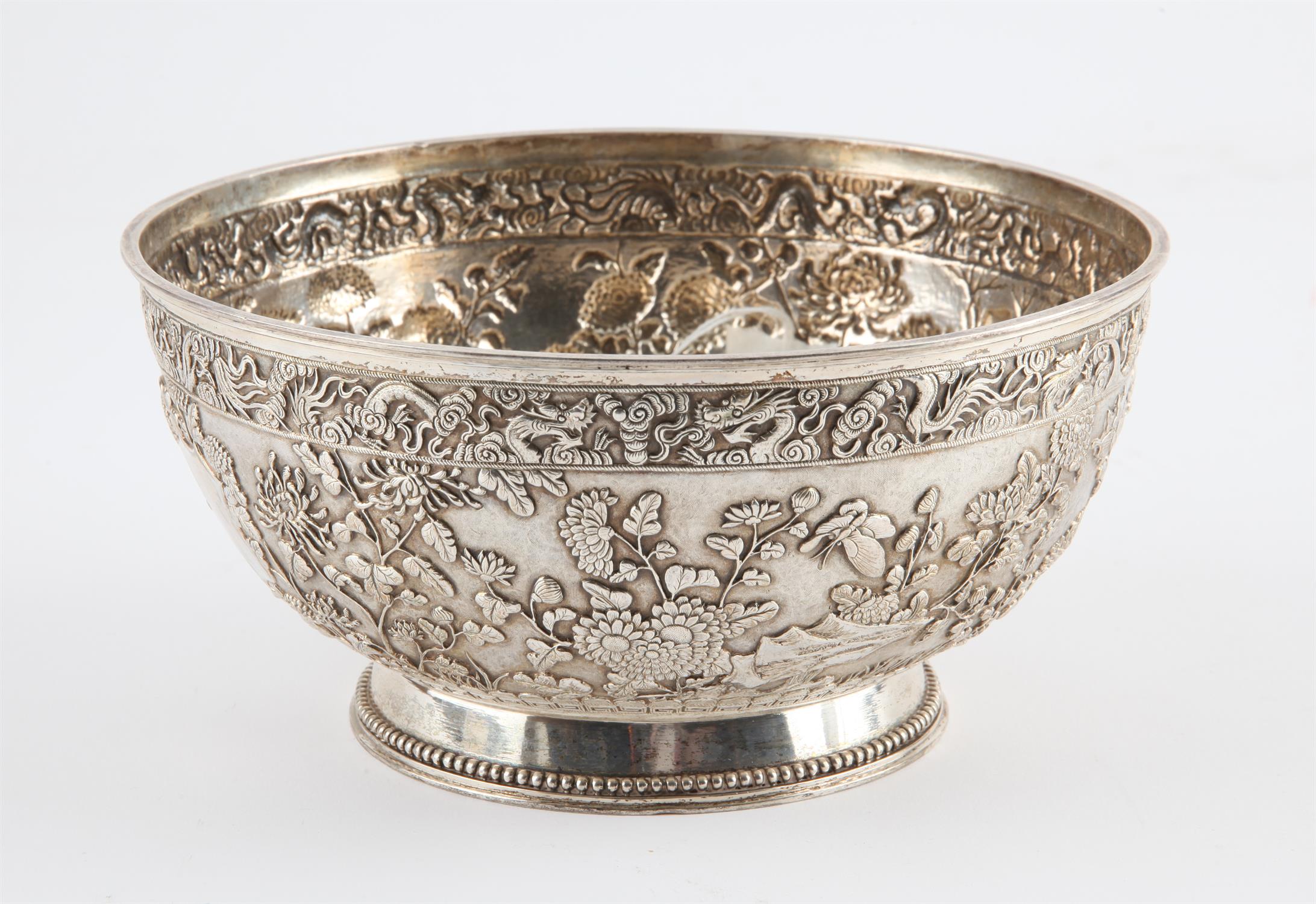 Chinese export silver bowl, embossed with a dragon border above chrysanthemums, maker's mark LH, - Image 3 of 7