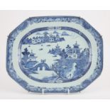 Chinese Blue and White Export octogonal platter, 18th century. Painted with a landscape. 40.