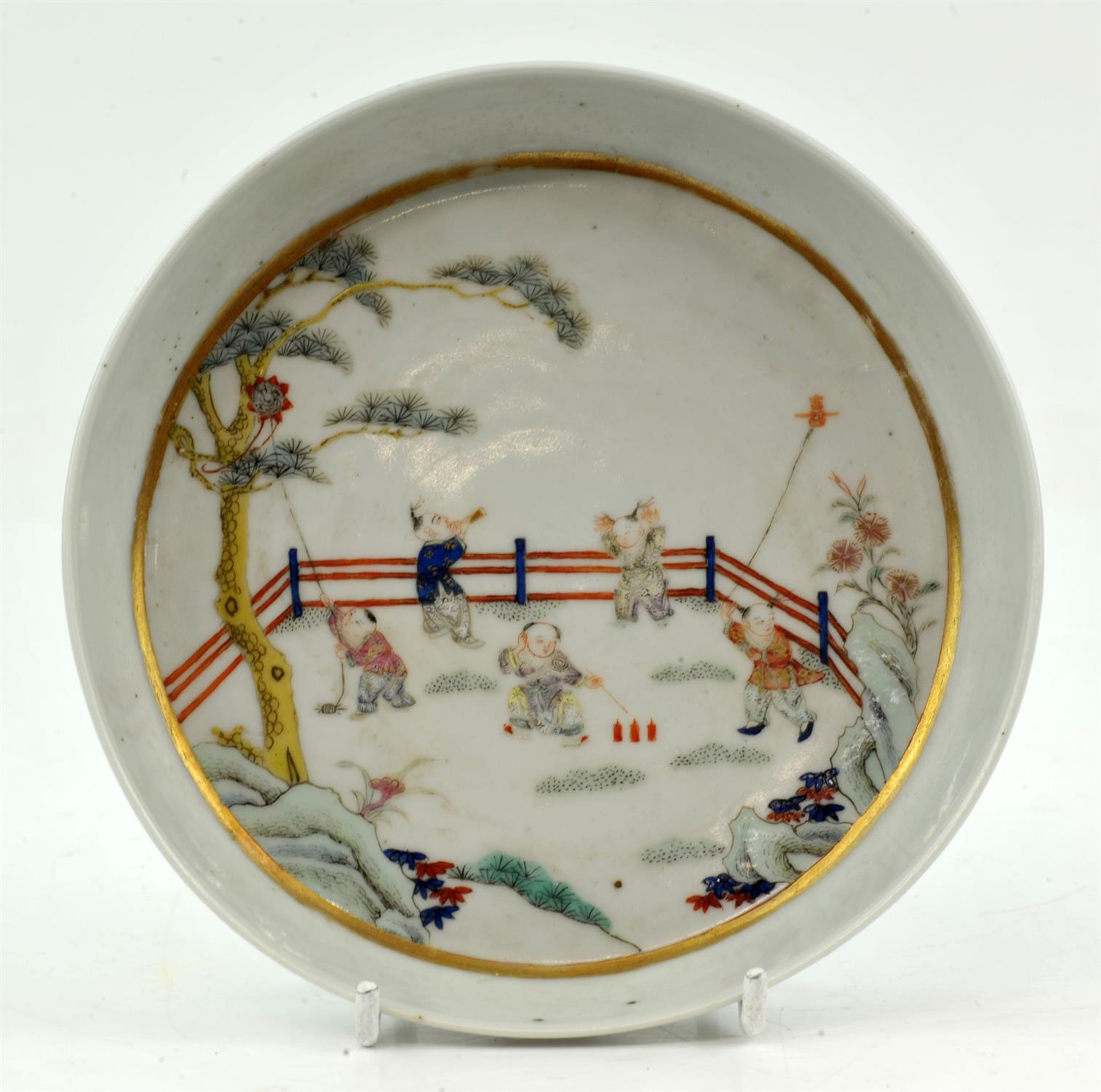 A Chinese Saucer with Children Playing in a Garden. Qing dynasty Painted with young boys playing - Image 5 of 13