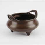 A Large Chinese Bronze Two Handled Censer. Qing dynasty. The Mark reads Chongzhen,