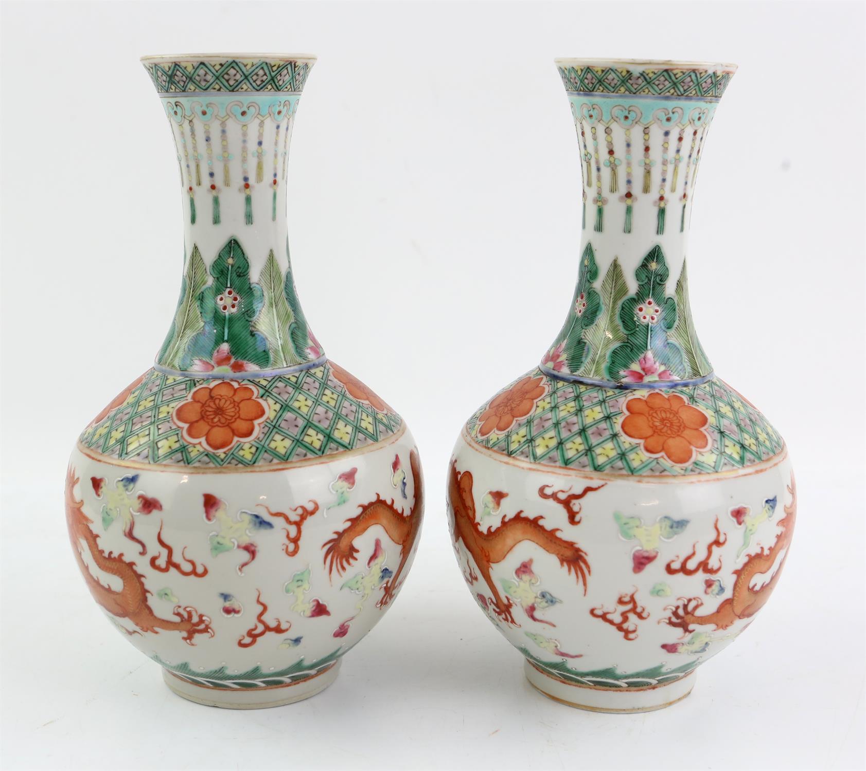 A pair of Chinese Famille Verte, Iron red, Dragon Bottle vases, Qing dynasty, Guangxu period. - Image 7 of 12