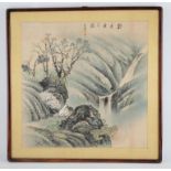 A Chinese painting of a landcape 20th century representing men sitting near by a waterfall 75 x 75