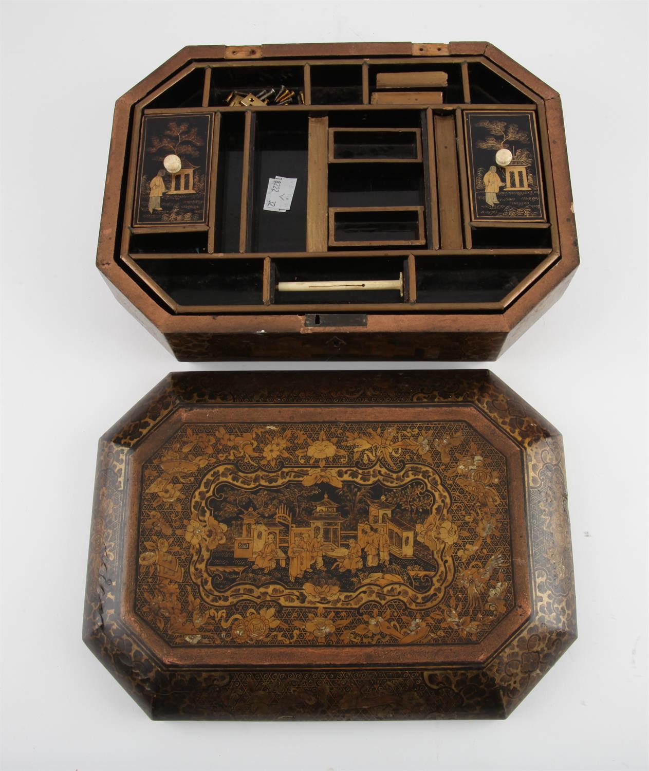 Chinese lacquer sewing box, 19th century. Decorated with intricate designs and images of figures on - Image 2 of 2