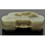 Chinese Ruyi shaped jade box. The cover carved with a beast and cloud. 17 cm wide