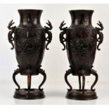 Pair of Japanese bronze vases, with applied bird decoration, twin dragon handles and four shaped