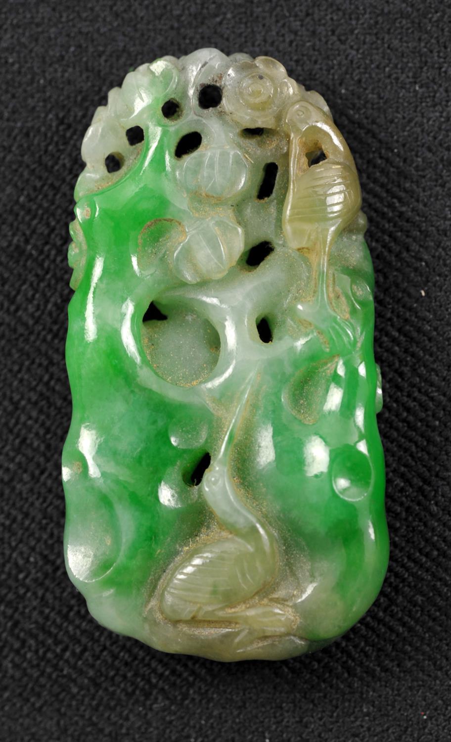 A Jadeite pendant , Qing dynasty or Republic period . Carved with a crane in foliage background . 3. - Image 8 of 8