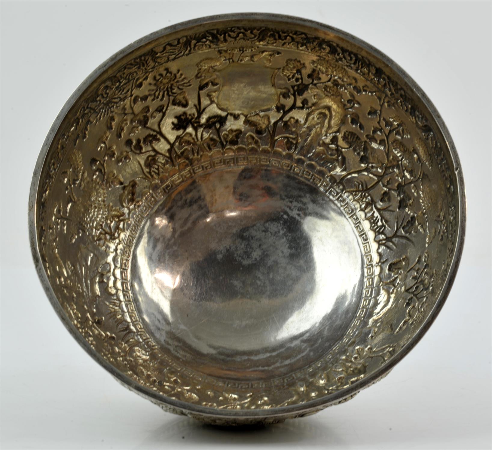 Chinese export silver bowl, embossed with a dragon border above chrysanthemums, maker's mark LH, - Image 2 of 7