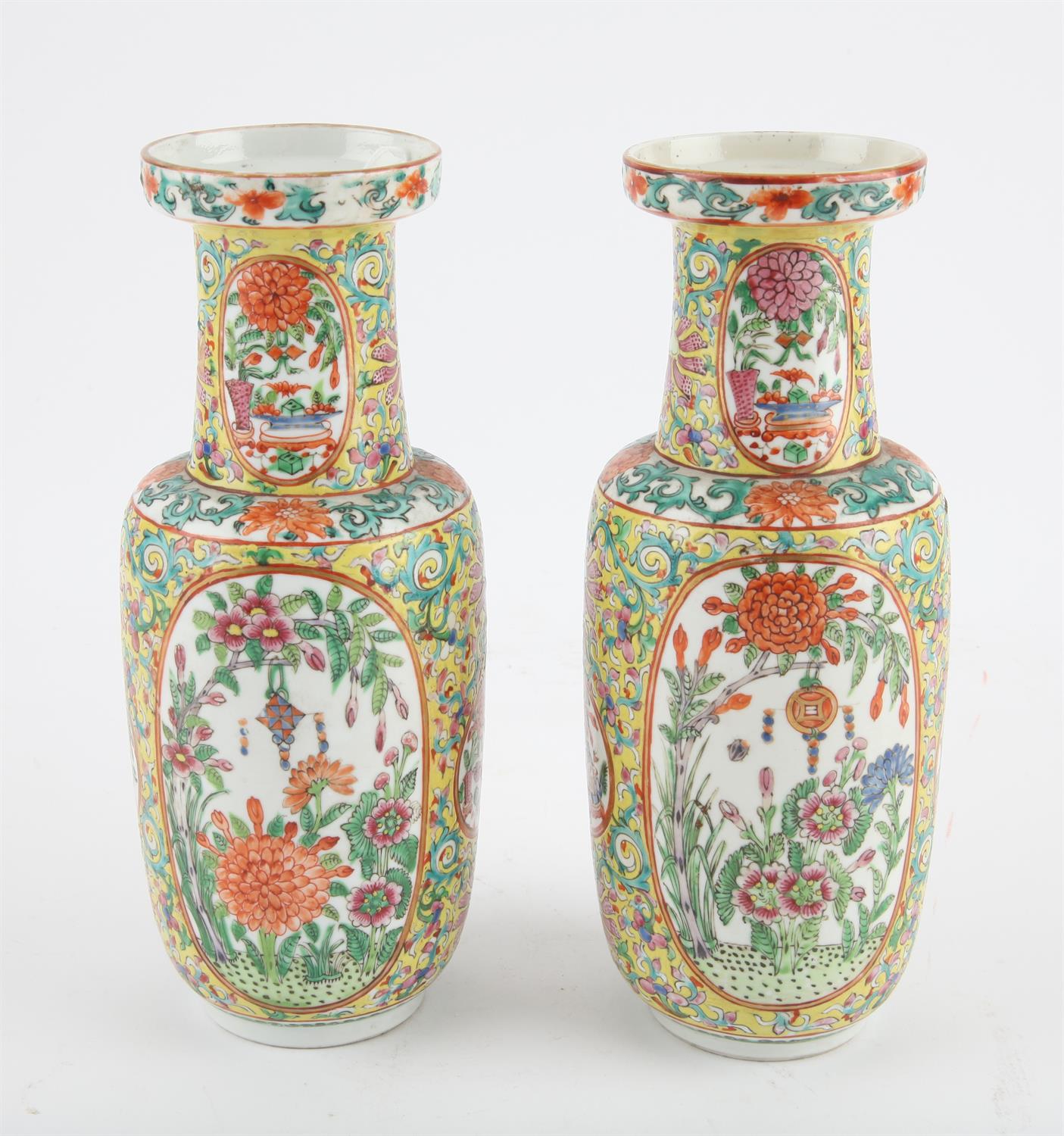 A pair of Chinese yellow ground Famille Rose vases, 19/20th century. Painted with panels with - Image 7 of 10