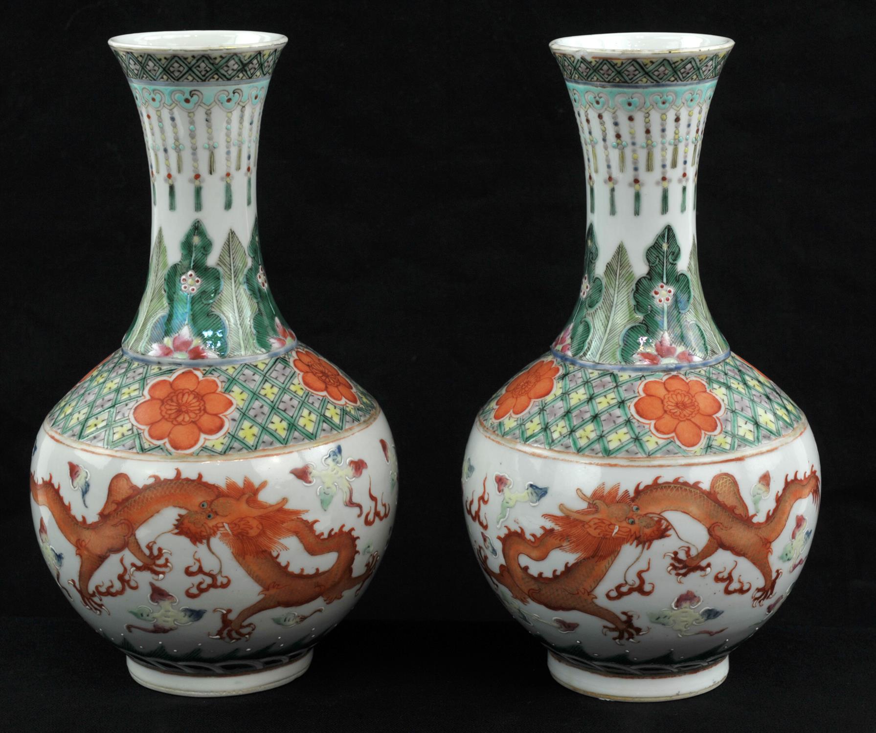 A pair of Chinese Famille Verte, Iron red, Dragon Bottle vases, Qing dynasty, Guangxu period. - Image 5 of 12