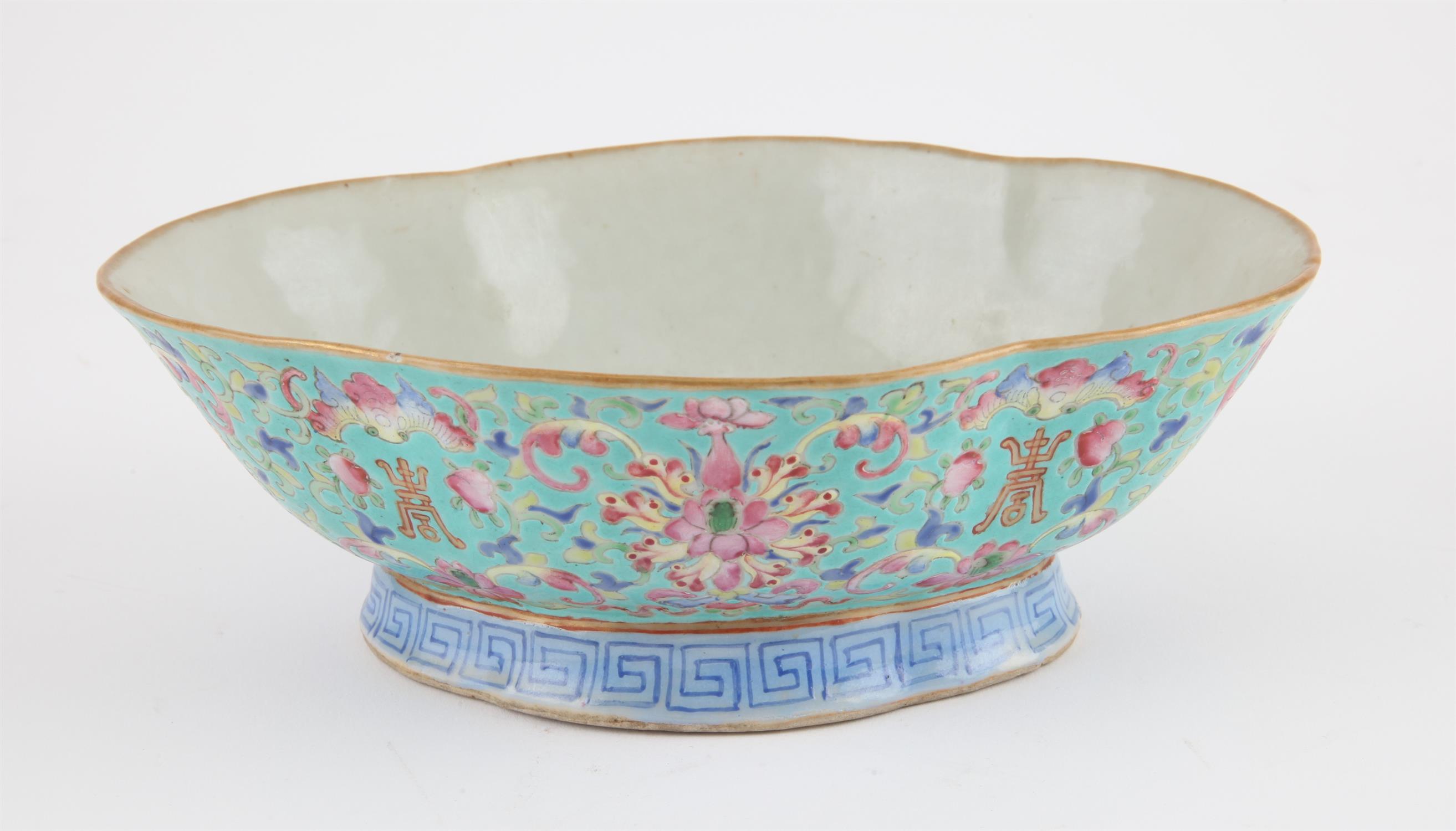 A Chinese Lobed Pedestal Bowl, Qing dynasty Painted with flowers , bats and the Shou longevity