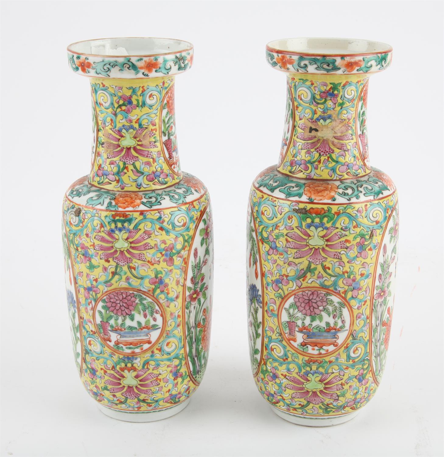 A pair of Chinese yellow ground Famille Rose vases, 19/20th century. Painted with panels with - Image 6 of 10