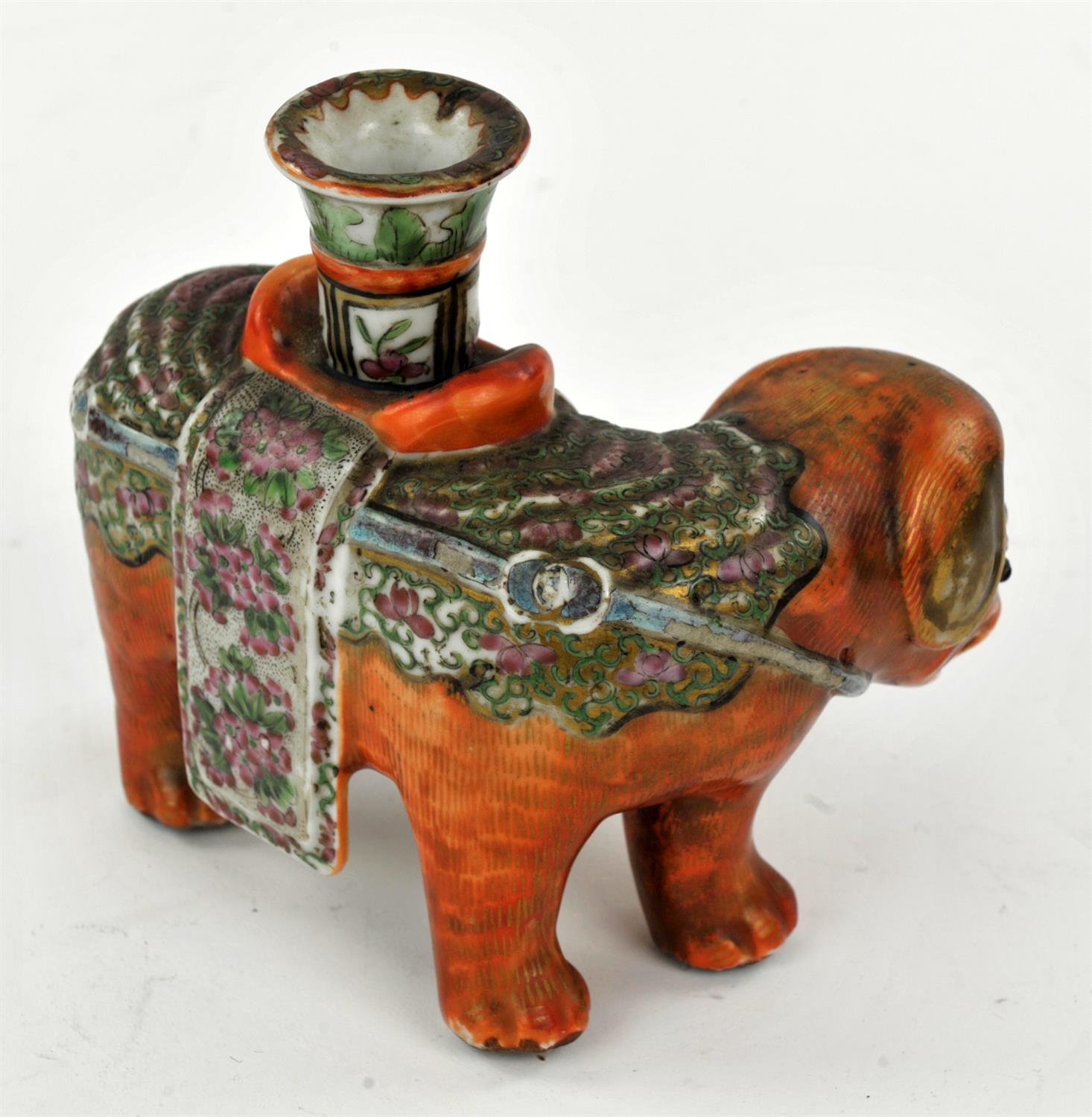 Chinese Export Canton Famille Rose Elephant Candle Holder, Qing dynasty, Circa 1860. - Image 2 of 4