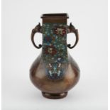 A Japanese Bronze Vase with Cloisonné. Meiji period Baluster shaped, decorated wiht handles.