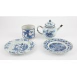 A collection of four Chinese blue and white porcelains, Qing dynasty including a teapot with metal