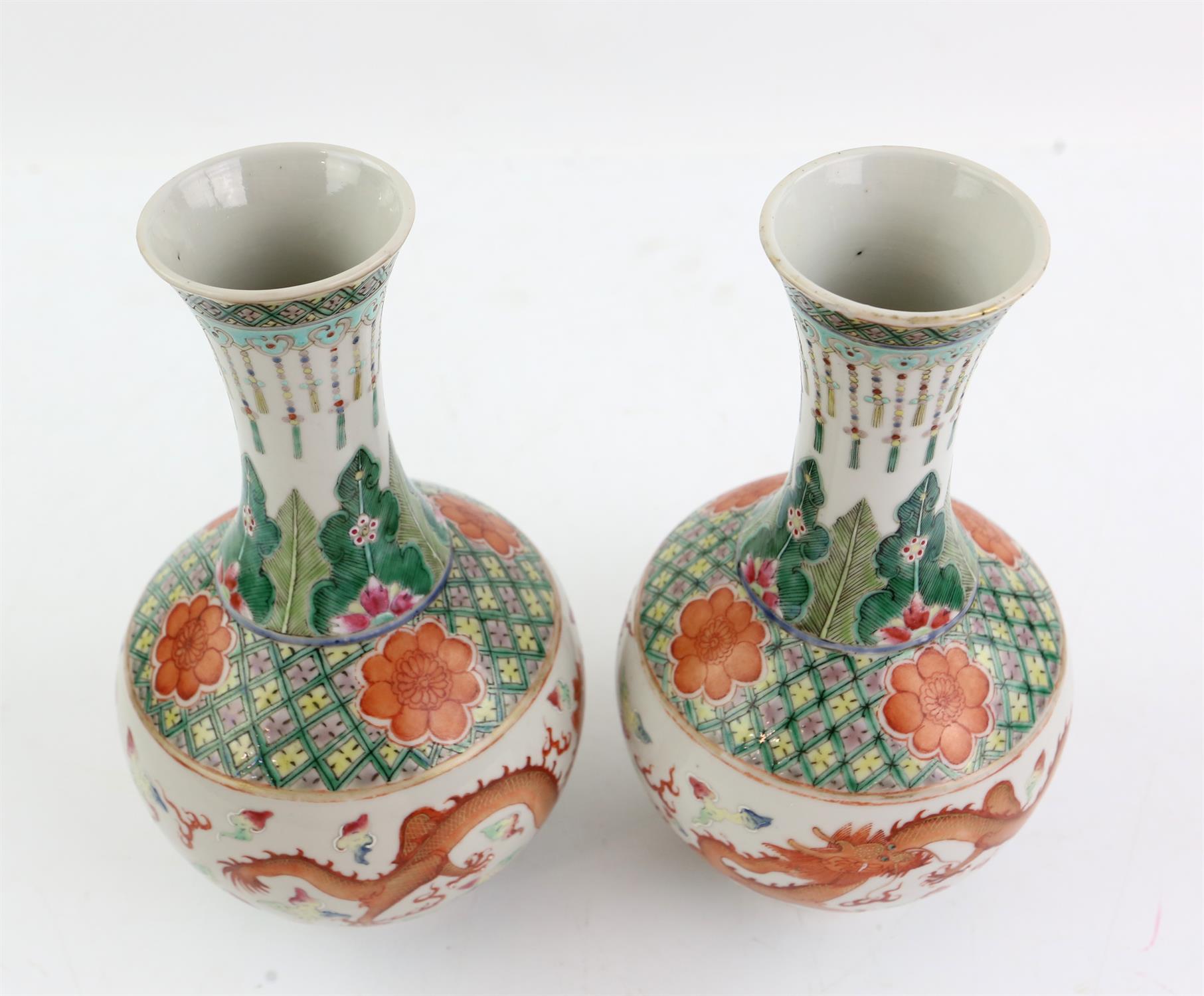 A pair of Chinese Famille Verte, Iron red, Dragon Bottle vases, Qing dynasty, Guangxu period. - Image 8 of 12