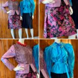 1980s hand-made petrol/aqua blue taffeta long sleeved silk blouse with lace collar and cuffs and