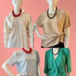 Four 1980s/90s 3 silk blouses/1 jacket all size UK10-12. One short sleeved fawn blouse in geometric