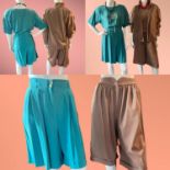 Two items designer ladies suits. 1980s turquoise silk LEVANTE SPORT 2 piece shorts suit with gold