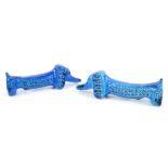 Two Bitossi blue and green glazed pottery Dachshunds, 24.5cm long,