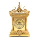 Japy Freres gilt metal mantel clock with twin train movement, Arabic numerals, scrolling decoration,