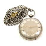 19th century silver pocket watch with silver dial, London 1873 and a graduated silver watch chain