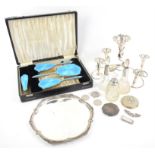Silver and blue guilloche enamel dressing table set, cased, plated epergne, silver U.S.