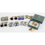 Boxed pair of 9ct gold cufflinks with engine turned design 2.45g, and a selection of cufflinks,