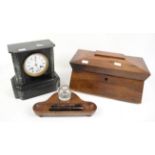 19th century rosewood tea caddy lacking fittings and a black slate twin train mantel clock,