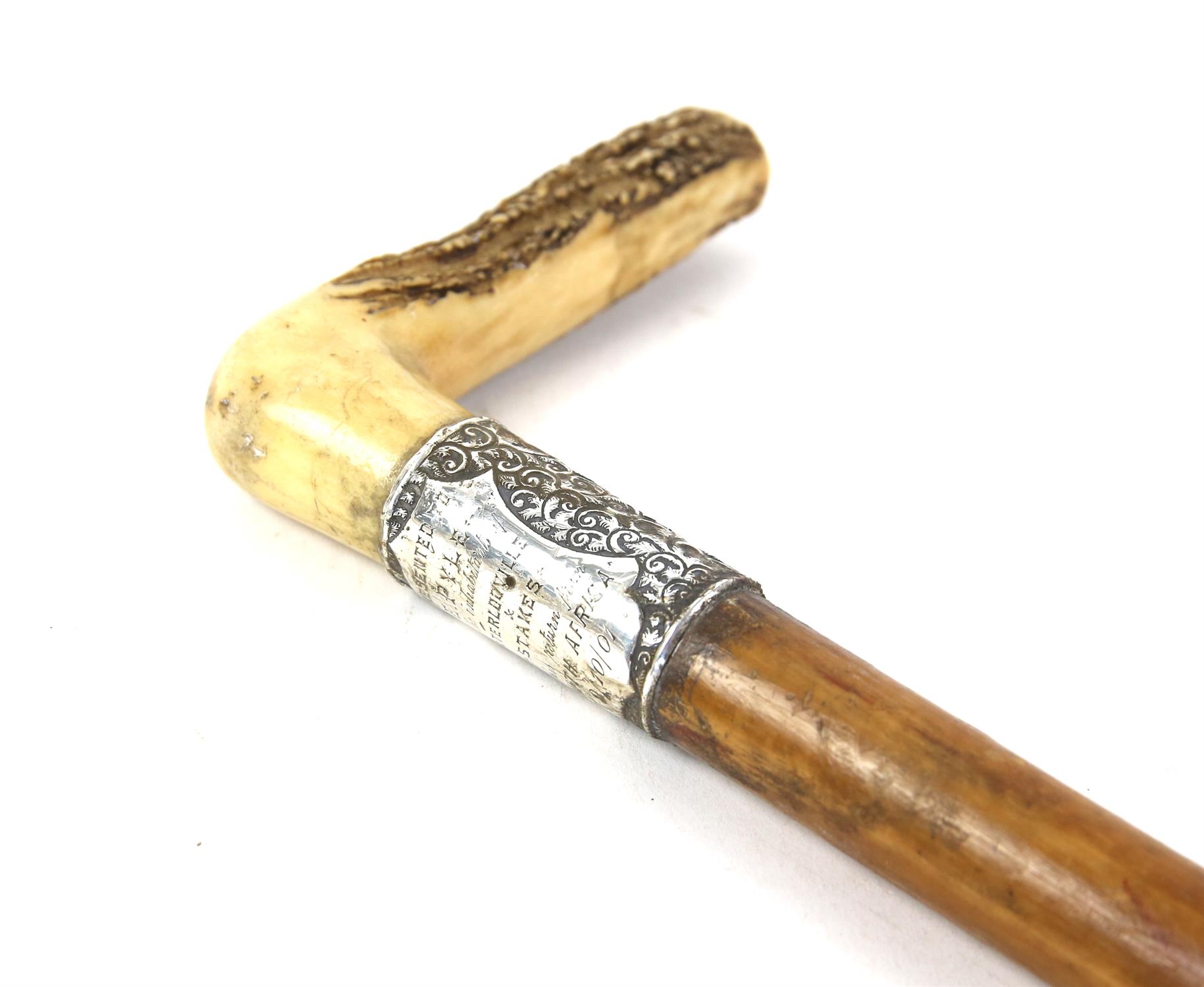 Silver mounted presentation walking stick with antler handle, (Presented to E. Pyle by the - Image 2 of 3
