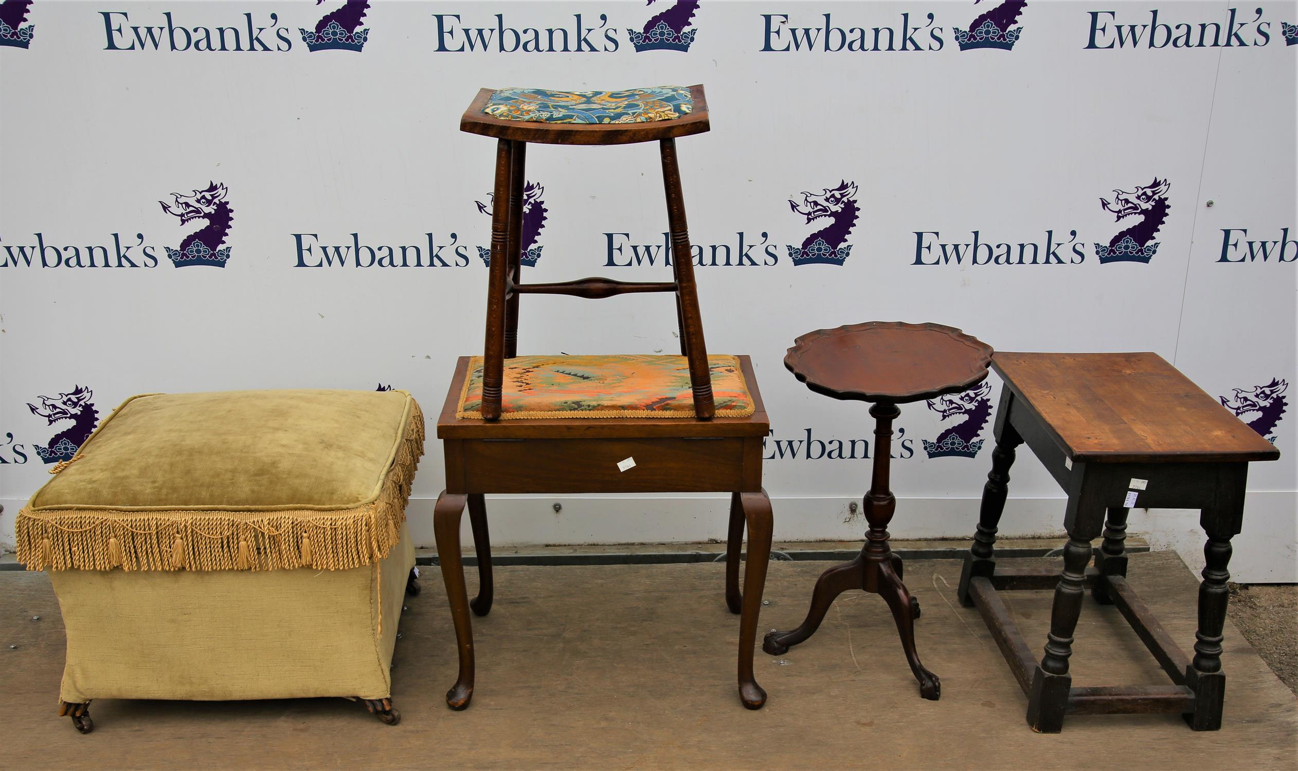 Arts and Crafts style stool, with ring turned legs, oak joint stool, tripod table,