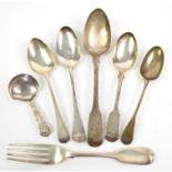 Selection of 19th century Scottish and English silver flatware to include a caddy spoon, 322g,