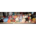 Toys to include Chad Valley iron and ironing board, alarm clocks, marbles, badges, cloth dolls,