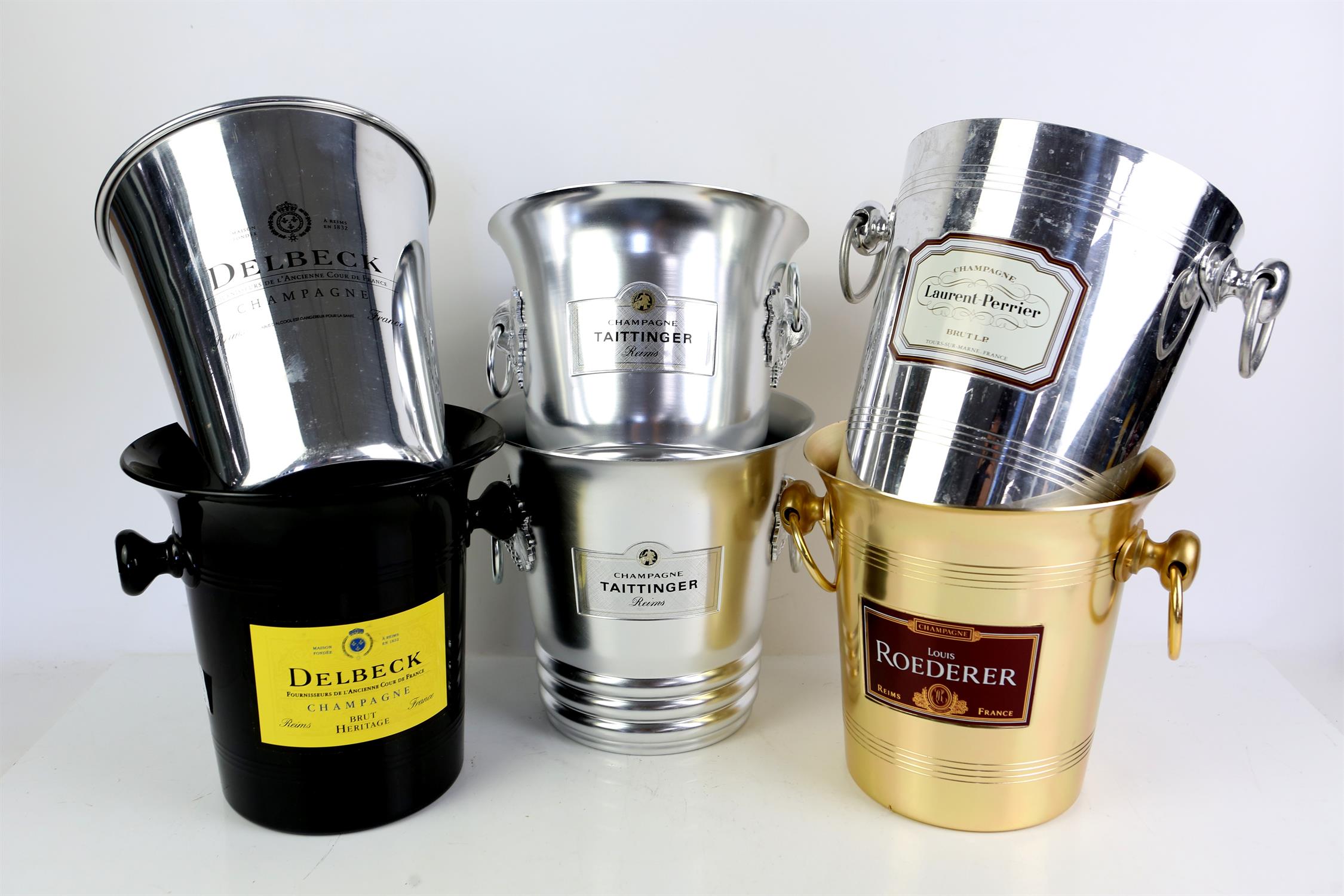 Sixteen modern champagne buckets, to include Roederer, Delbeck, Moet, Laurent Perrier,
