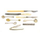 PLEASE NOTE: Pickle fork withdrawn from lot. Folding silver and mother of pearl fruit knife,