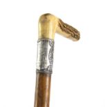 Silver mounted presentation walking stick with antler handle, (Presented to E. Pyle by the