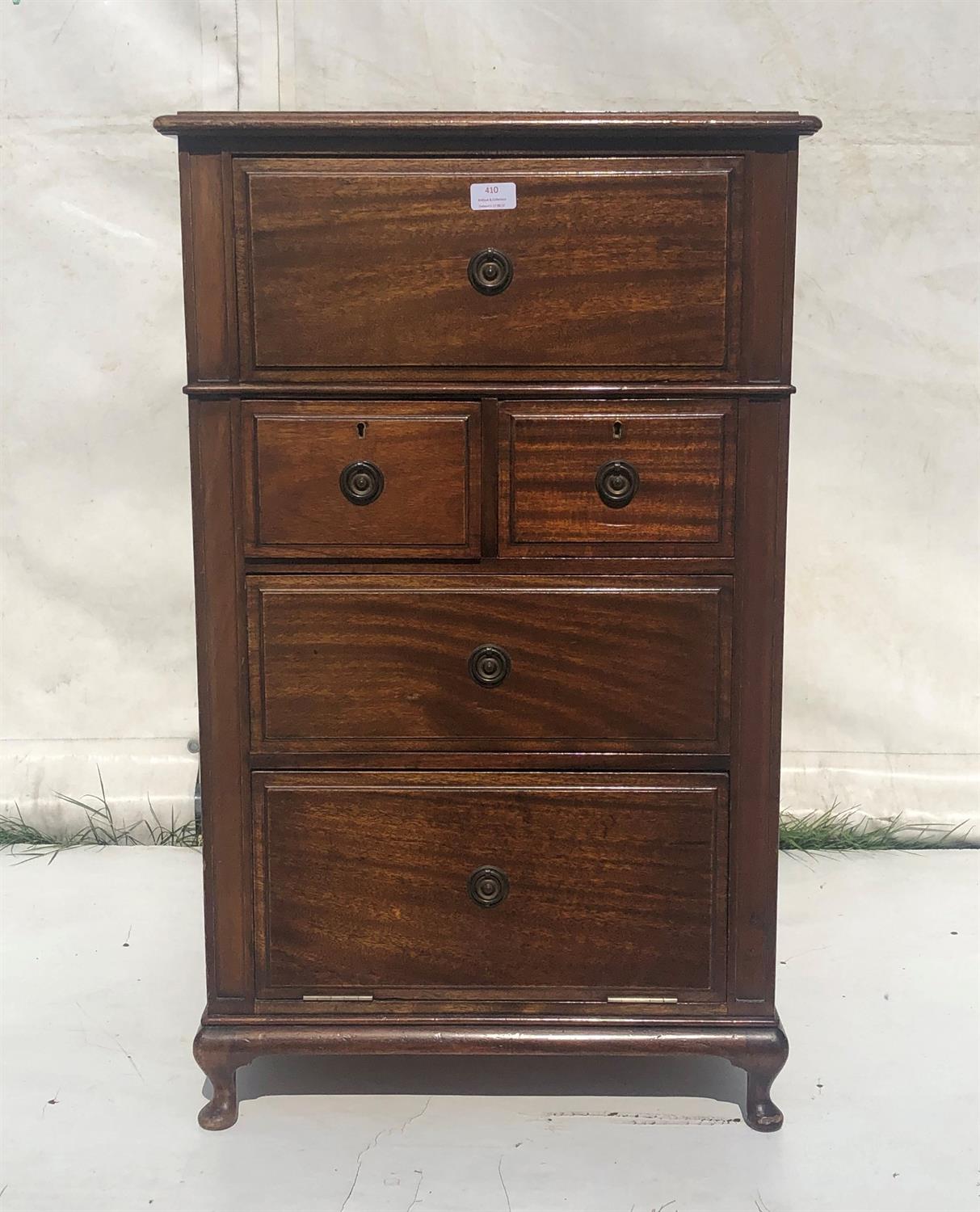 Early 20th century mahogany narrow secretaire chest, the hinged secretaire drawer,