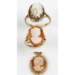 Two 9ct gold shell cameo set rings and a cameo pendant, total 9.09g
