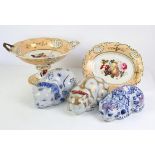 19th century part dessert service, the centres of the dishes and comport decorated with fruit,