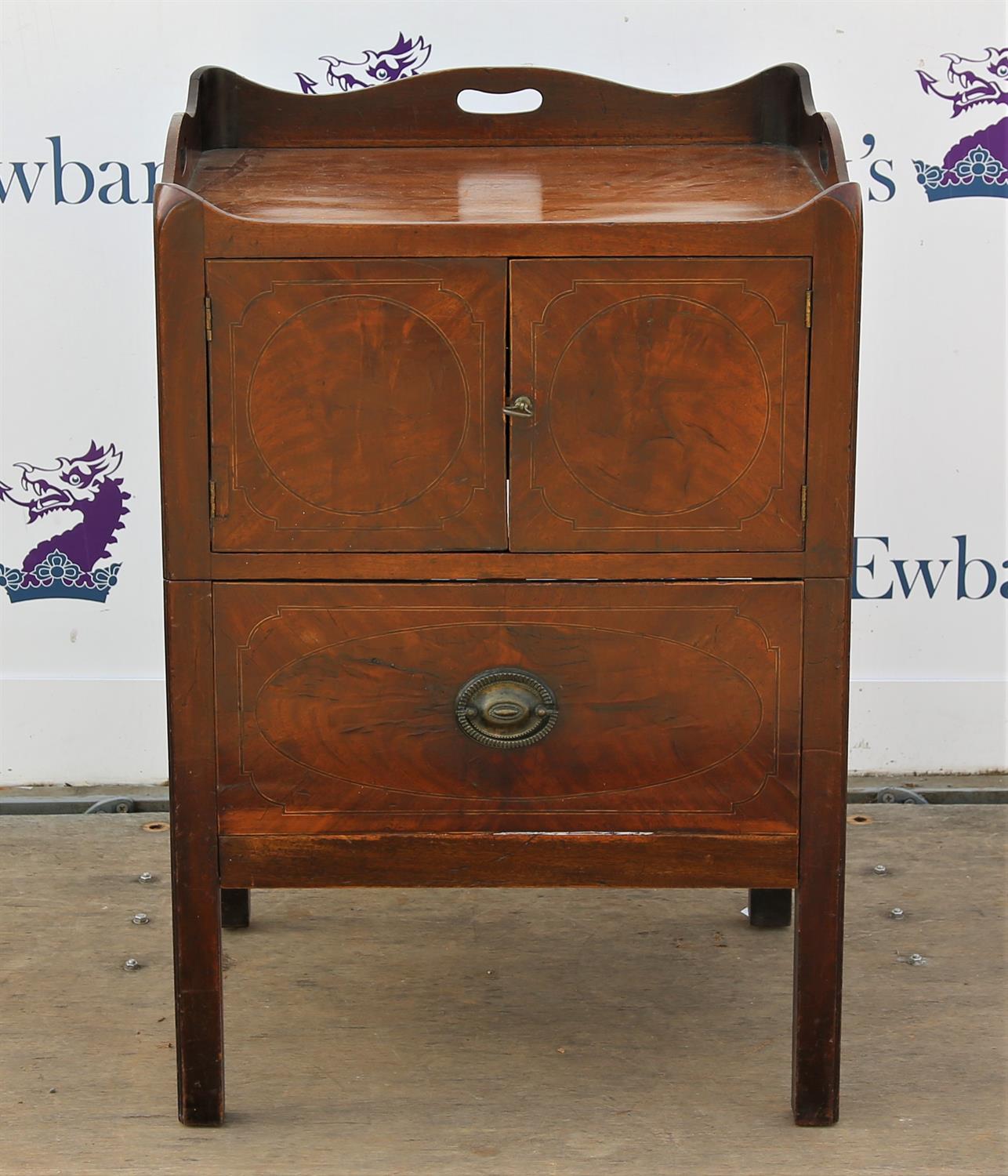 Travel trunk, 26 x 84 x 53 cm, mahogany commode and Victorian style button back armchair with - Image 2 of 2
