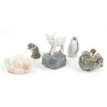 Royal Copenhagen recumbent bear cub, lamb, penguin, ducks and an otter with salmon, (5),