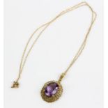 9ct gold amethyst set pendant and chain, total 3.29g,
