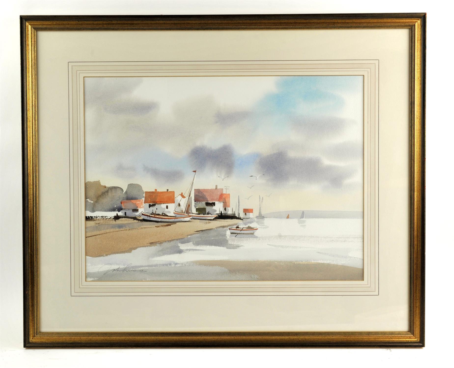 John Lawrence (British, contemporary), pair of watercolour maritime scenes with beached yachts and