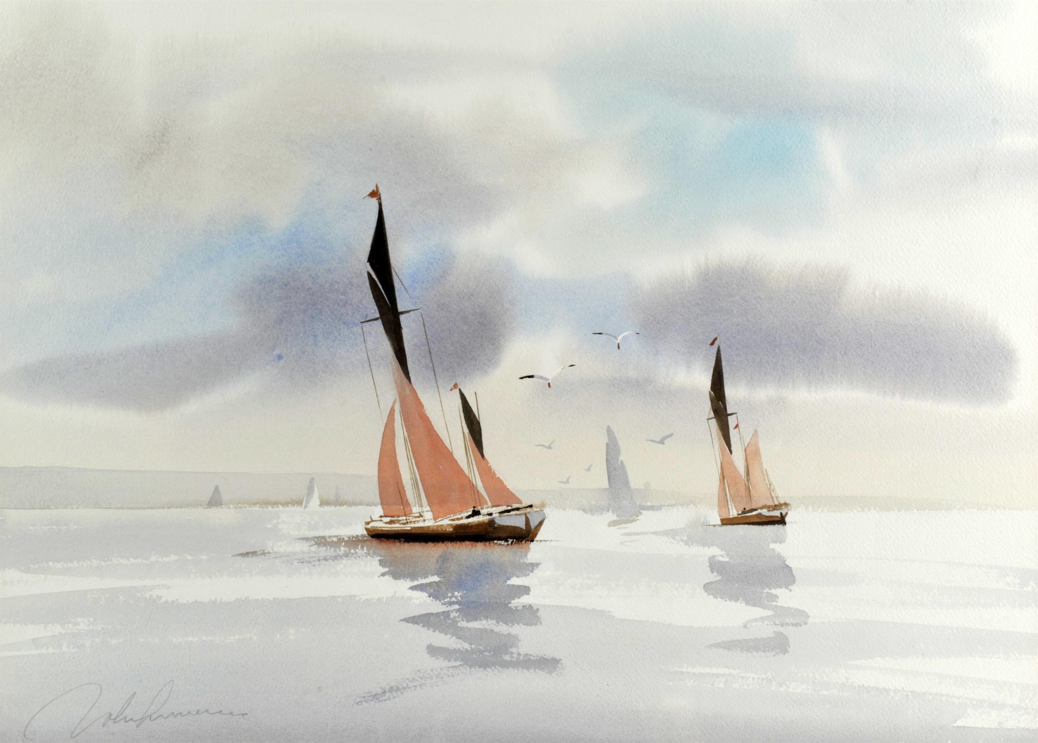 John Lawrence (British, contemporary), pair of watercolour maritime scenes with beached yachts and - Image 6 of 6