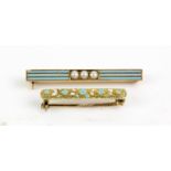 Two14ct gold enamelled bar brooches, total 2.38g