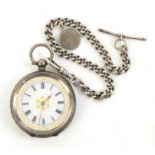 Swiss silver 935 grade fob watch on a chain with swivel fob,