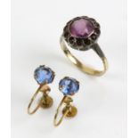 9ct gold shank ring with amethyst in silver mount, and a pair of 9ct gold earrings, total 3.83g