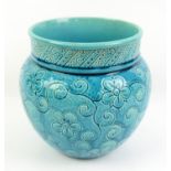 Burmantofts Faience turquoise glazed jardiniere incised with flowers, 18cm high,