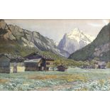 Agnes M . Goodall, mountainous landscape with huts to foreground, watercolour, signed lower left,