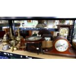 30-hour mahogany cased wall clock, two other wall clocks, three mantel clocks, pair of brass flasks