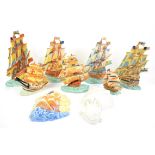 Six Czechoslovakian pottery ships in coloured glazes, Wedgwood white glazed ship wall pocket,